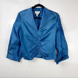 Vintage Talbots Petites Blue Pure Silk Ruched Taffeta Long Sleeve Blouse Size 8